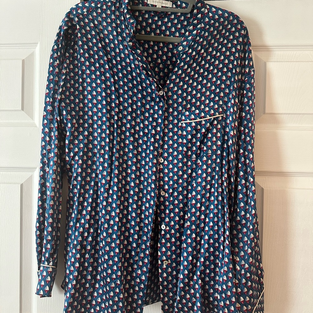 Olivia Von Halle Silk Patterned Button-Up Sleep Shirt